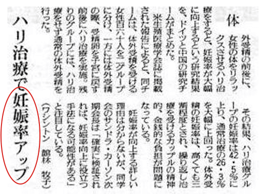 ハリ治療で妊娠率アップした新聞記事